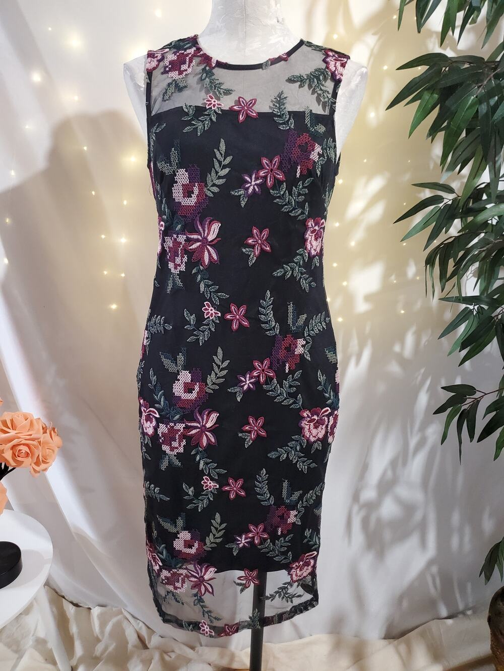 Calvin Klein Embroidered Cross Stitch Floral Sheer Mesh Overlay Dress 6 Cottage